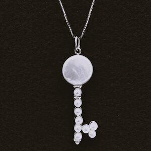 COIN PEARL KEY PENDANT NECKLACE ON STERLING SILVER CHAIN